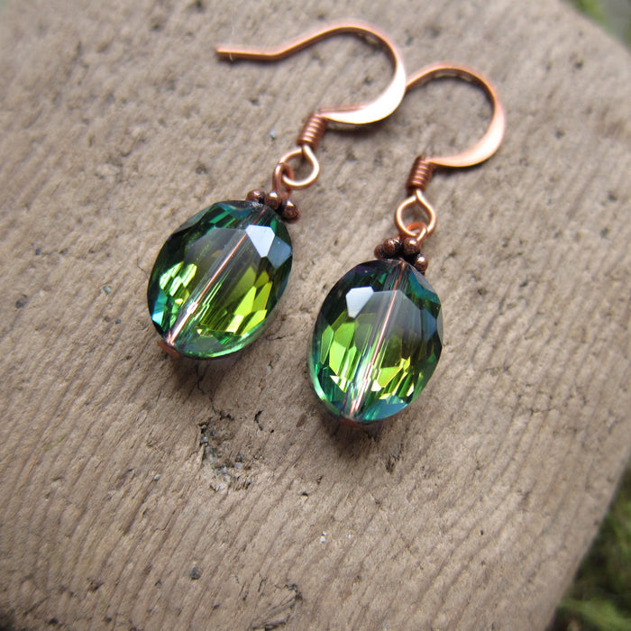 Faceted Green Beaded Earrings on Copper Ear Wires