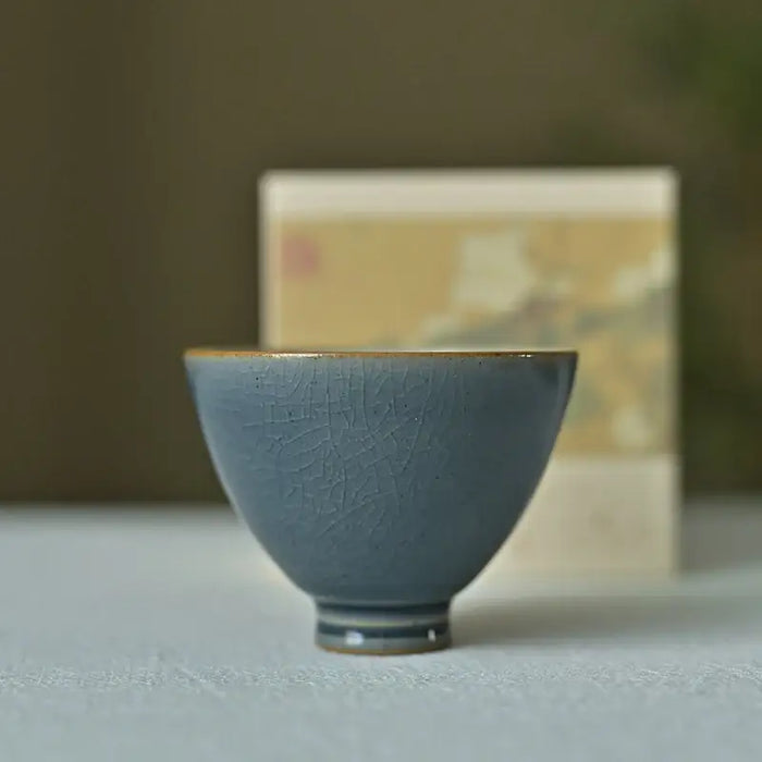 Handmade Ancient Blue Glazed Porcelain Tea Cup, 90ml, for Chinese Gongfu Tea, Ice Crack Pattern Teawares - King Tea Mall