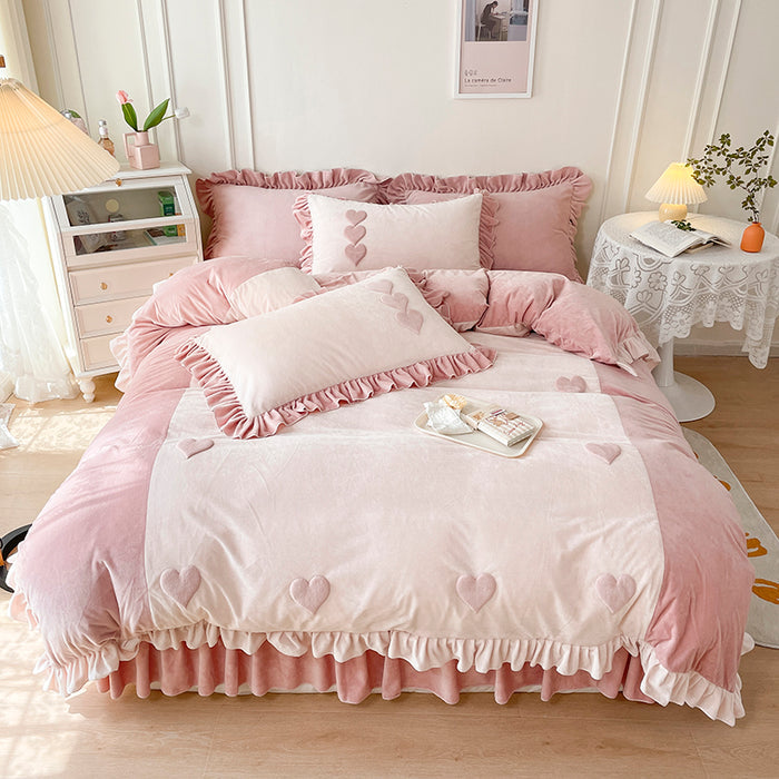 Heart Embroidery Winter Thickened Fleece Bedding Set