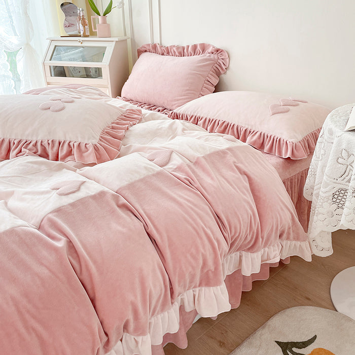 Heart Embroidery Winter Thickened Fleece Bedding Set