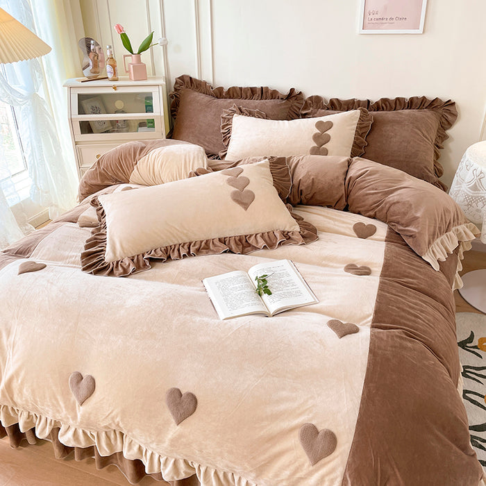 Heart Embroidery Winter Thickened Fleece Bedding Set