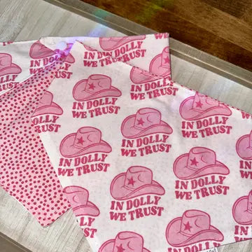 In Dolly We Trust Reversible Dog Bandana, Pink, Cowgirl Hat