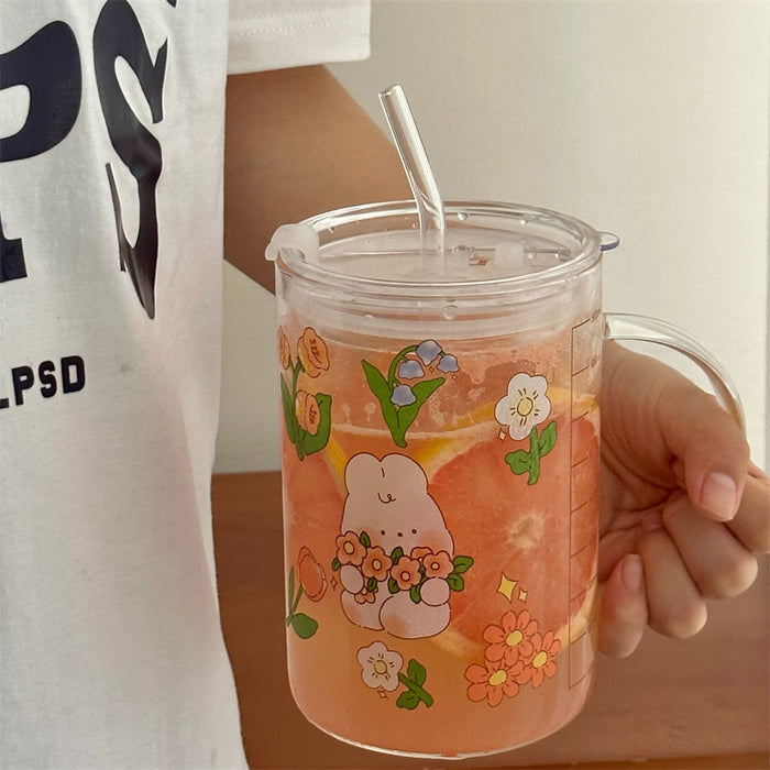 Korean Style Rabbit and Flower Print Glass Cup