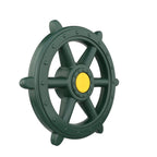 Green six-handle plastic ship's wheel with yellow anchor center, designed as a swing set accessory