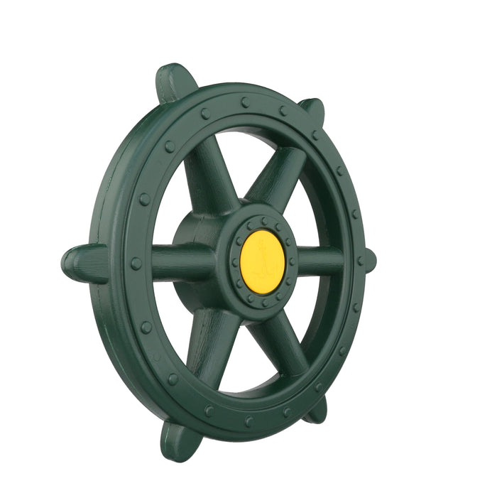 Green six-handle plastic ship's wheel with yellow anchor center, designed as a swing set accessory