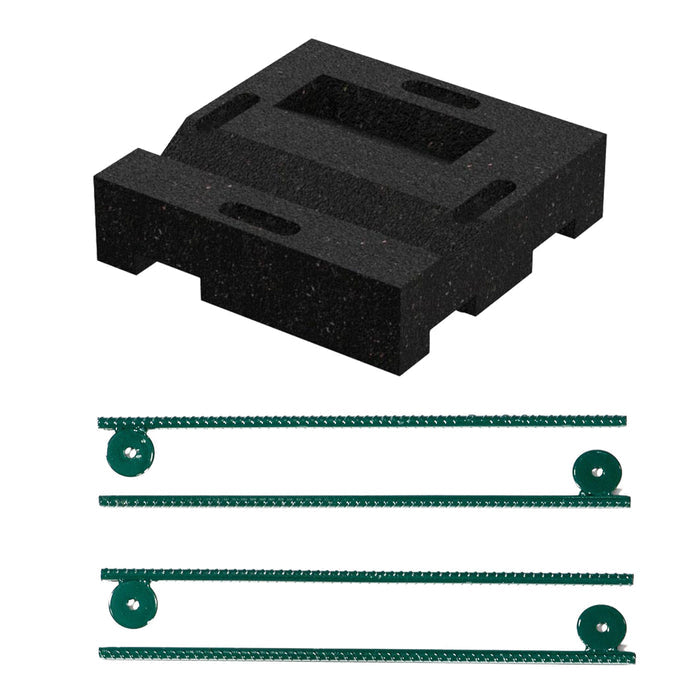 Overhead view of black recycled plastic leveling block with green metal stakes for swing set support and stabilization