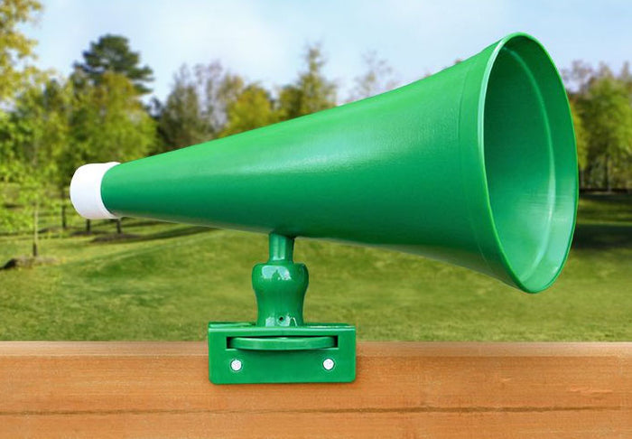 Megaphone Swing Set Accessory in green heavy-duty plastic mounted on wooden railing outdoors with UV-resistant finish