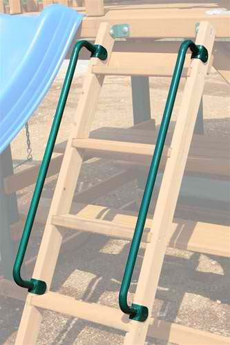 Metal Safety Handrail Coated Green, pair mounted on wooden swing set ladder for climbing support and safety.