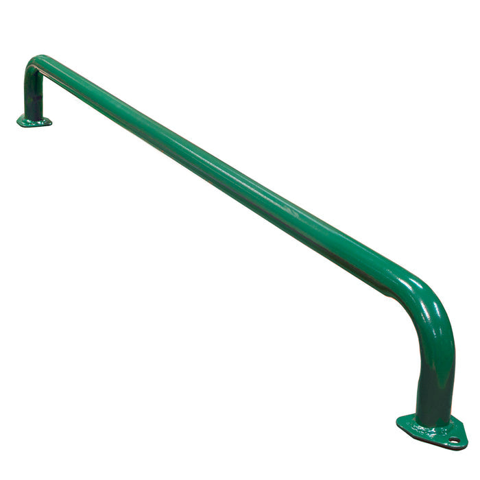 Green powder-coated metal safety handrail with mounting bases for swing set or fort support