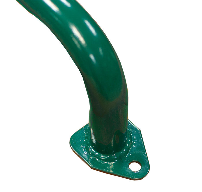 Green powder-coated metal safety handrail with mounting base and hole for swing set or fort support