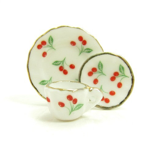 Red Cherry Teacup, Plate and Saucer Dollhouse Miniature