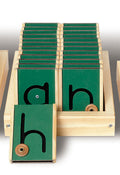 Motor Letters Learning Tool (Lowercase) with tactile wooden tiles featuring lowercase letters and movable buttons in a wooden tray