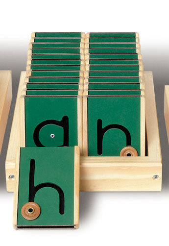 Motor Letters Learning Tool (Lowercase) with tactile wooden tiles featuring lowercase letters and movable buttons in a wooden tray