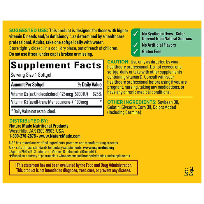 Nature Made Vitamin D3 5000 IU (125 mcg) + Vitamin K2 100 mcg Softgels, 90 Count