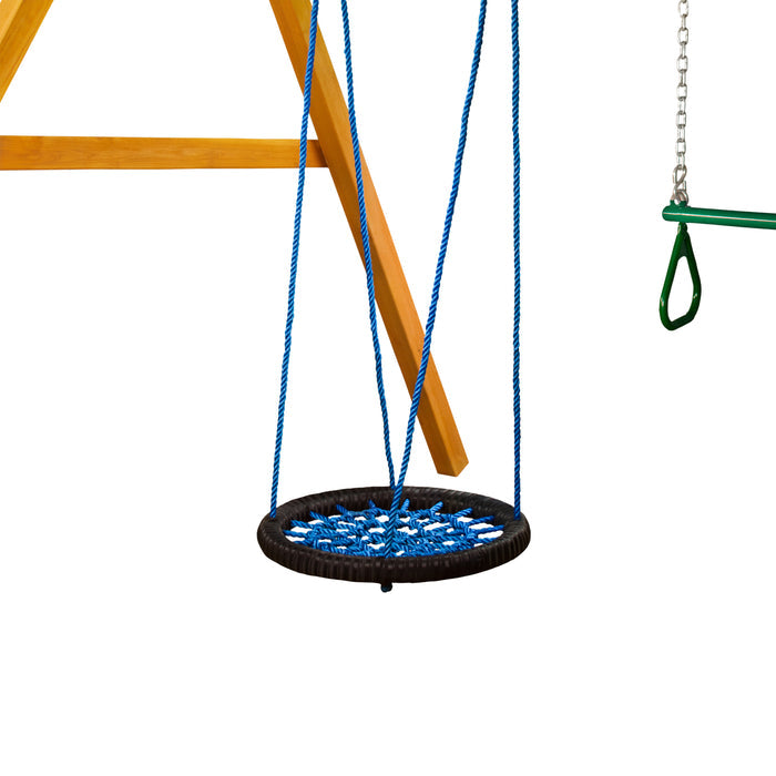Blue woven round swing seat with heavy-duty black ring suspended by blue ropes on wooden swing set frame