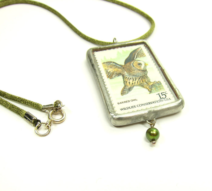Owl Postage Stamp Soldered Pendant Necklace
