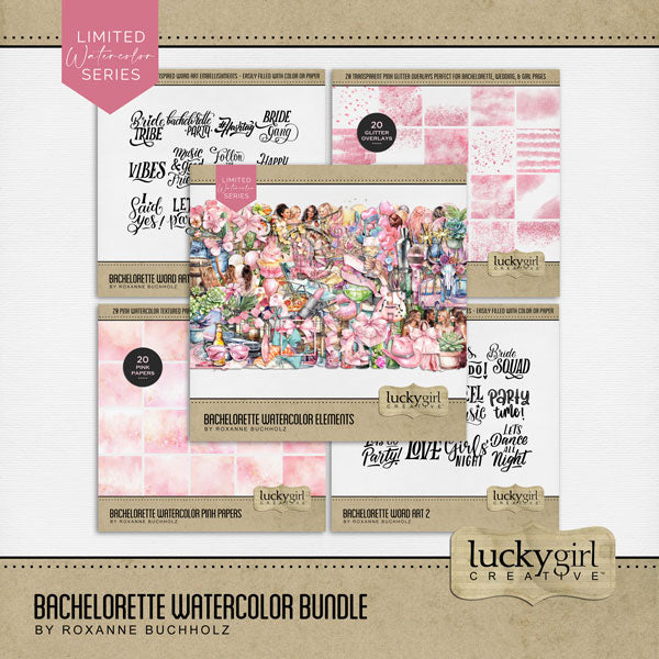 Girls just wanna have fun! Add beautiful watercolor embellishments and pink papers by Lucky Girl Creative digital art to all your digital scrapbooking pages! Great for bachelorette parties, wedding, party, celebration, dance, girl, birthday, girls night out, and girlfriends having fun! With a touch of western flair, these embellishments would be great for destination bachelorette parties to Arizona, the Southwest, Texas, and Nashville, Tennessee. Embellishments include angel wings, limo, town car, and more!