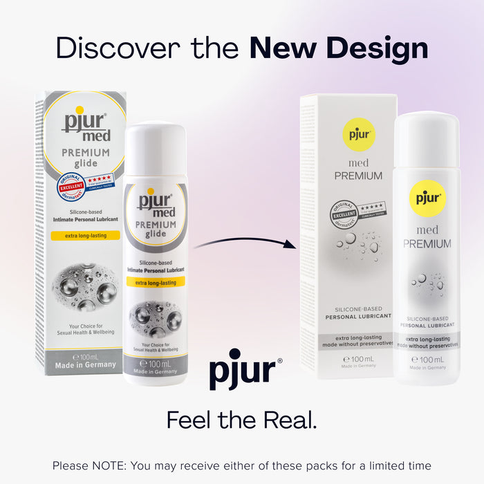Two packaging designs for pjur med PREMIUM glide, showing the old and new versions.
