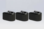 Three black plastic playground border filler ends aligned side by side on a neutral surface