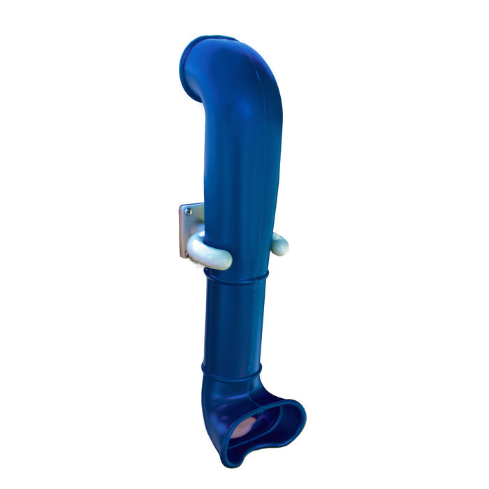 Blue polyethylene periscope with clear lens and mirror, mounted on white bracket for swing set accessory