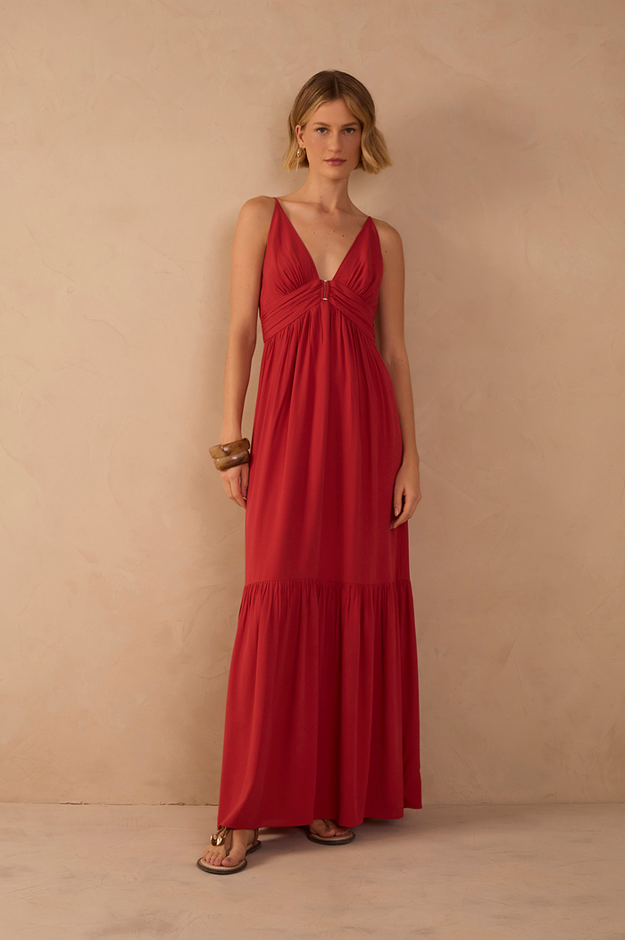 Red Tiered Sleeveless Crepe Maxi Dress_1