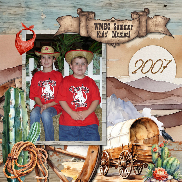 These watercolor digital scrapbooking embellishments, papers, and alpha set by Lucky Girl Creative digital art are easy to use for western-inspired digital scrapbook pages including travels to the Southwest (Arizona, Colorado, Utah, Nevada, New Mexico), cowboy and cowgirl dances and hoedowns, rodeo and ranch events, ghost towns, vacations to the desert, Mexico, Nashville, Wild West, and so much more! Embellishments include armadillo, bird, crow, buffalo, bison, tarantula, bull, chicken, horse, and more.
