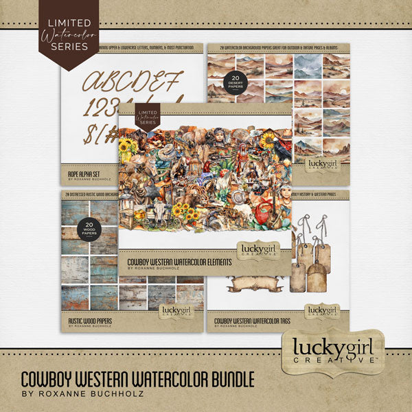 These watercolor digital scrapbooking embellishments, papers, and alpha set by Lucky Girl Creative digital art are easy to use for western-inspired digital scrapbook pages including travels to the Southwest (Arizona, Colorado, Utah, Nevada, New Mexico), cowboy and cowgirl dances and hoedowns, rodeo and ranch events, ghost towns, vacations to the desert, Mexico, Nashville, Wild West, and so much more! Embellishments include armadillo, bird, crow, buffalo, bison, tarantula, bull, chicken, horse, and more.