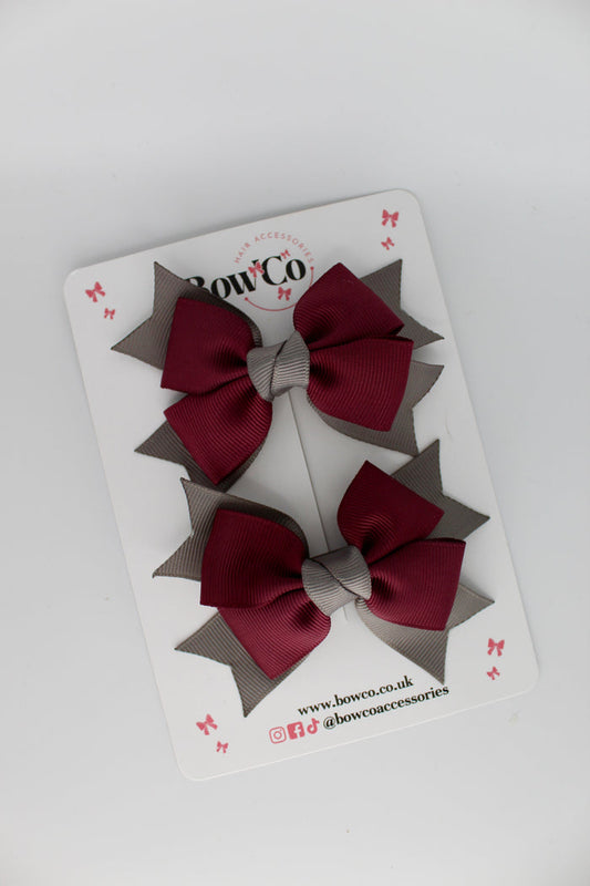 School Bows Burgundy and Metal Grey - Knot Bow Set - Clip