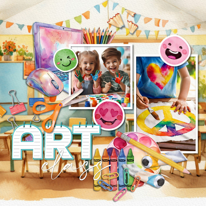 Add fun watercolor embellishments, papers, clusters, and an alpha set by Lucky Girl Creative digital art to all your school digital scrapbooking pages showcasing your primary and elementary school students. Embellishments include school, primary school, elementary school, building, architecture, hamster, guinea pig, pet, white board, chalkboard, backpack, balloons, banner, bunting, baseball ball, baseball helmet, bell, bookcase, books, calculator, camera, chair, chair and table, paper clips, and more.
