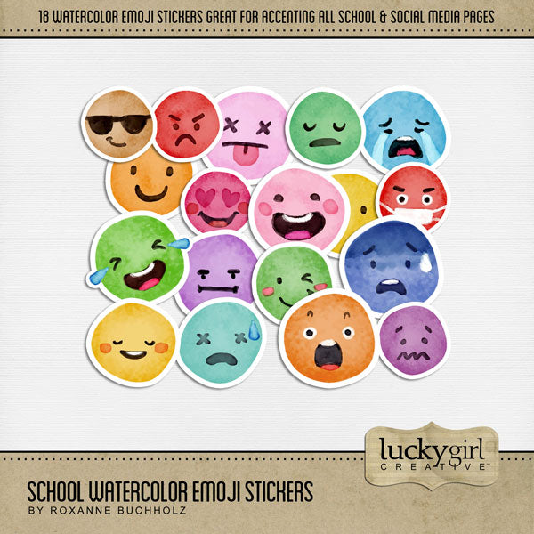 Add fun watercolor emoji stickers by Lucky Girl Creative digital art to all your school, teen, and tween digital scrapbooking pages showcasing your emotions in a modern way. Emotions include happy, angry, cool, cry face, disappointed, dizzy, love, LOL, laughing, medical, Covid mask, neutral, relaxed, surprise, wow, sweat, weary, winky, and worried. This kit is included in the School Watercolor Bundle.