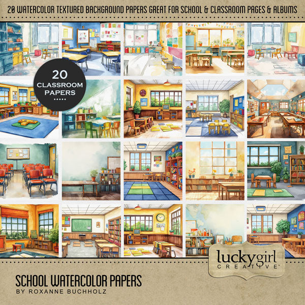Add fun school and classroom background papers by Lucky Girl Creative digital art to all your digital scrapbooking pages of elementary and primary school and your favorite star student. This kit is included in the School Watercolor Bundle.