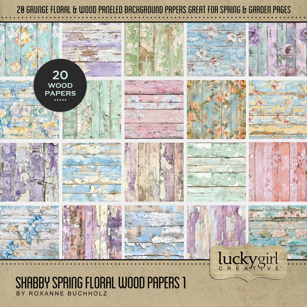 Add these beautiful grunge floral and wood background papers in spring colors by Lucky Girl Creative digital art to all your digital scrapbooking pages. Great for spring, Easter, and garden pages! This kit is included in the Shabby Spring Floral Bundle.