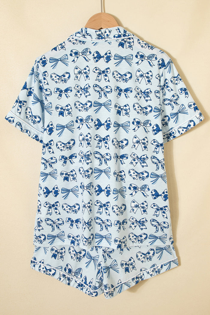 Sky Blue Bow Print Short Pajama Set
