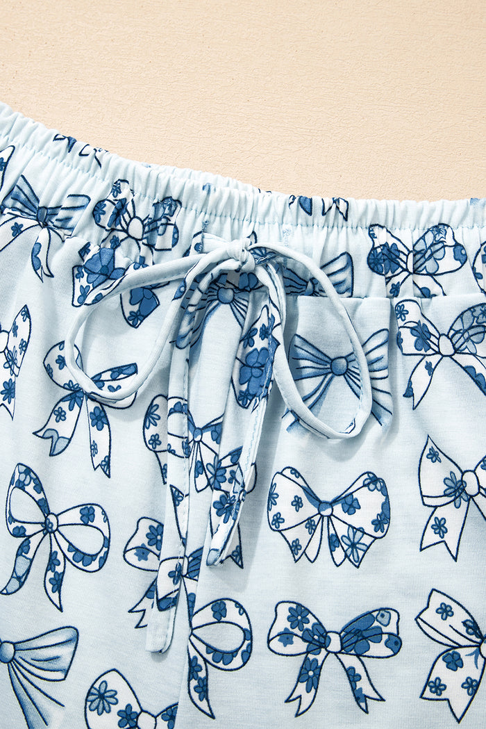 Sky Blue Bow Print Short Pajama Set
