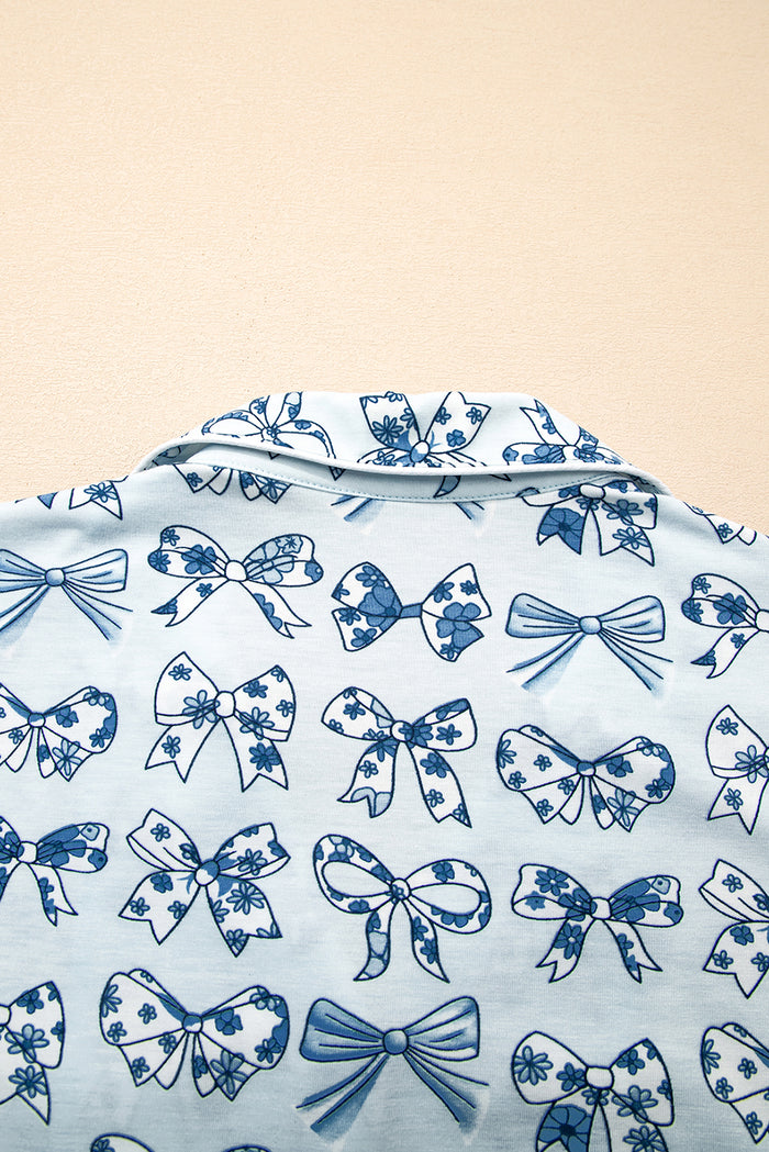 Sky Blue Bow Print Short Pajama Set