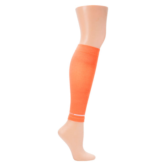 Orange compression calf sleeve displayed on a mannequin leg, extending from the ankle to just below the knee.