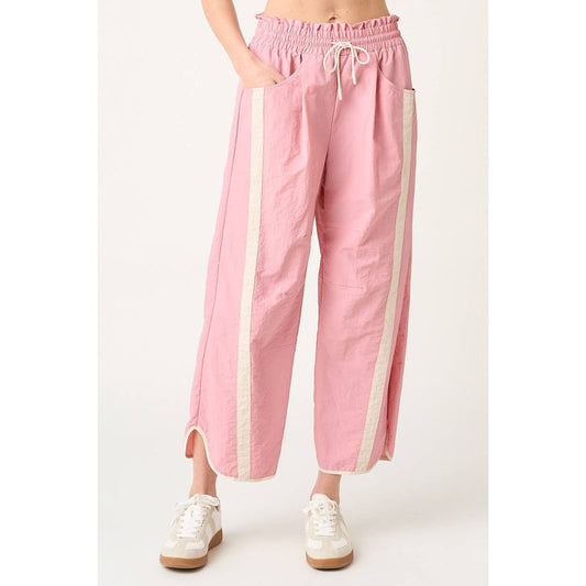 SPORTY STRIPE NYLON PULL ON BARREL LEG PANTS: PINK/CREAM / S-M-L(2-2-2)