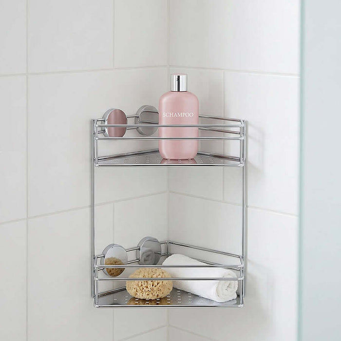 Stainless Steel Self-Adhesive Corner Shower Basket, Polshed Chrome or Matte Black - by Beslagsbode