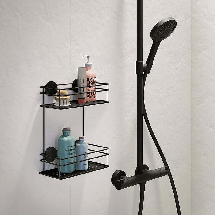 Stainless Steel Self-Adhesive Double Shower Basket, Polshed Chrome or Matte Black - by Beslagsboden