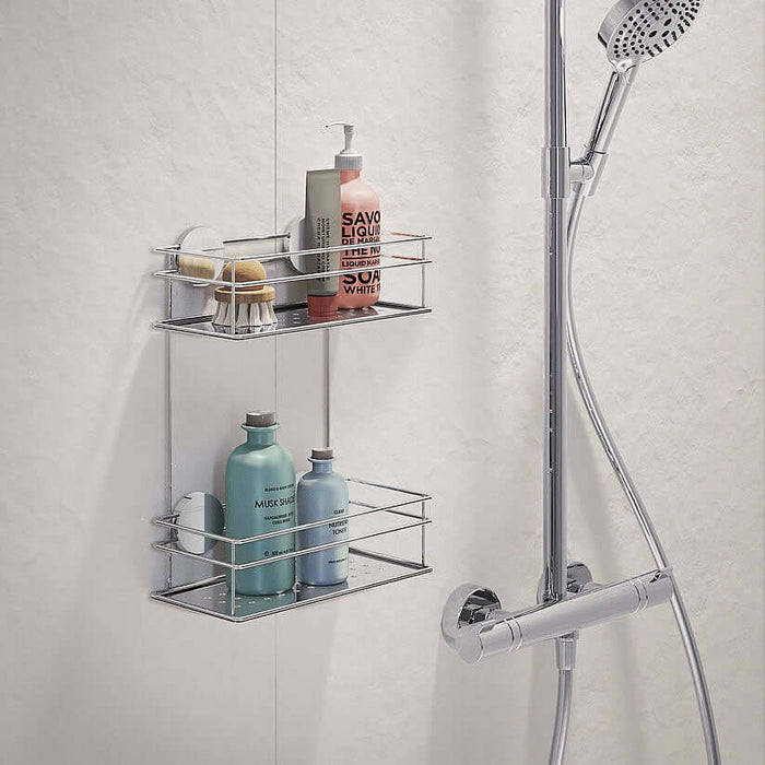 Stainless Steel Self-Adhesive Double Shower Basket, Polshed Chrome or Matte Black - by Beslagsboden