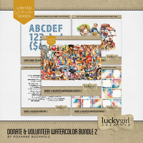 These digital scrapbooking watercolor embellishments, papers, alpha set, and word art by Lucky Girl Creative digital art are great for non-profit charities, giving, donating, after school programs, and volunteering for various organizations and clubs. Big Brothers and Big Sisters of America, UNICEF, St. Jude Children's Hospital, Boys &amp; Girls Club of America, YMCA, Samaritan's Purse, Operation Christmas Child, Planned Parenthood, World Literacy Foundation, Humane Society, World Vision, Women's Shelter