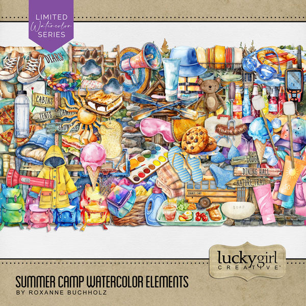 Fun begins at Summer Camp while exploring the outdoors and nature! Accent your favorite camping pages with these fun watercolor embellishments by Lucky Girl Creative digital art for digital scrapbooking! Embellishments include paw prints, animal prints, archery, target, paint, backpack, basketball hoop, birdhouse, blanket, diary, journal, book, boulders, rocks, bubbles, bunk beds, summer camp bus, school bus, cabin, log cabin, campfire, fire pit, oar, canoe, bathing suit, swim suit, cap, hat, and more.