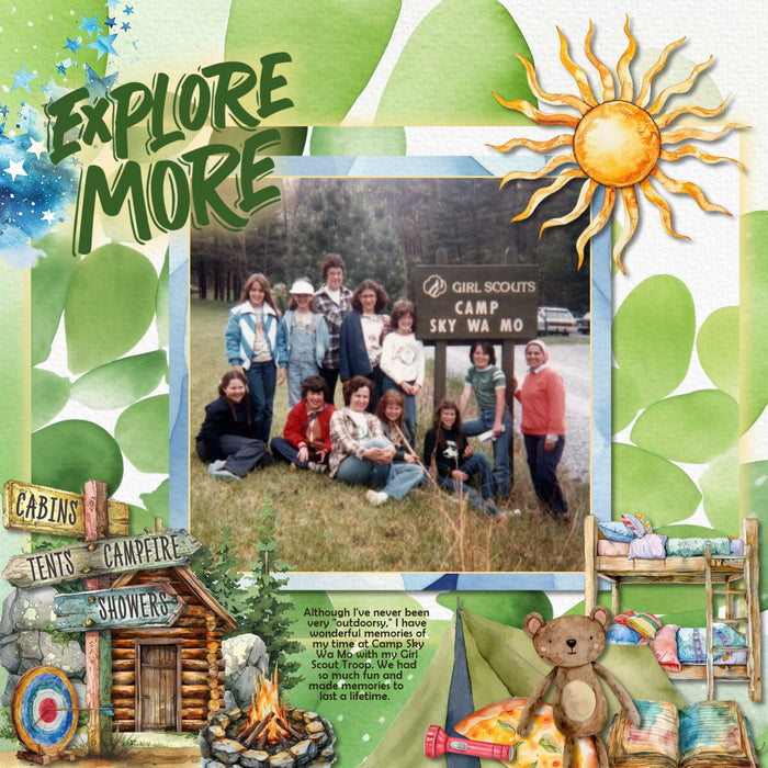 Fun begins at Summer Camp while exploring the outdoors and nature! Accent your favorite children camping pages with these bright watercolor embellishments, bold patterned papers, clusters, and word art by Lucky Girl Creative digital art for digital scrapbooking! Embellishments include paw prints, animal prints, archery, target, paint, backpack, basketball hoop, birdhouse, blanket, diary, journal, book, boulders, rocks, bubbles, bunk beds, summer camp bus, school bus, cabin, log cabin, campfire, and more.