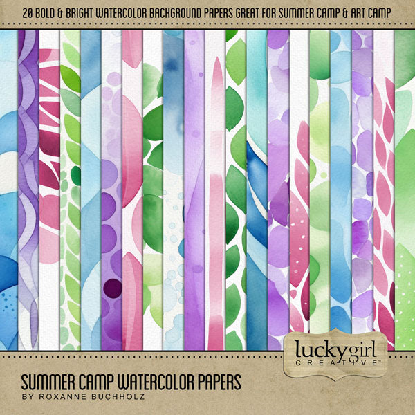 Add these brightly colored and bold patterned watercolor papers by Lucky Girl Creative digital art to all your digital scrapbooking pages and mix-and-match them on various projects throughout the year! Great for summer pages! This kit is included in the Summer Camp Watercolor Bundle and the Summer Camp Watercolor Kit.