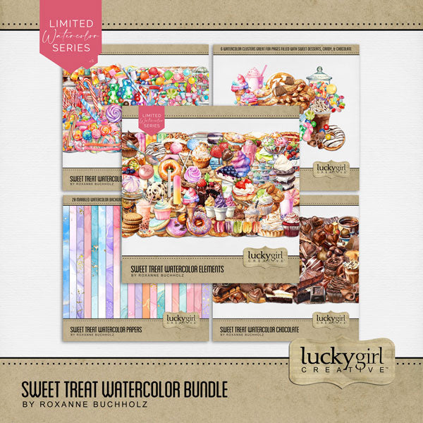 Savor the sweet moments in your life with these beautiful watercolor digital scrapbooking embellishments, pretty papers, and clusters by Lucky Girl Creative digital art filled with tasty goodness. Great for birthday parties, trips to the candy shop, those with a sweet tooth, children, birthday parties, and more. Embellishments include bubble tea, boba, almond cake, carrot cake, Napoleon, cake pop, rainbow slice, cake roll, cake stand, wedding cake, candle, cannoli, cheesecake, ice cream, candy, and more.
