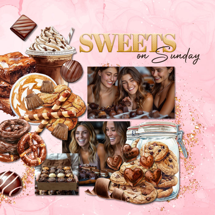 Savor the sweet moments in your life with these beautiful watercolor digital scrapbooking embellishments, pretty papers, and clusters by Lucky Girl Creative digital art filled with tasty goodness. Great for birthday parties, trips to the candy shop, those with a sweet tooth, children, birthday parties, and more. Embellishments include bubble tea, boba, almond cake, carrot cake, Napoleon, cake pop, rainbow slice, cake roll, cake stand, wedding cake, candle, cannoli, cheesecake, ice cream, candy, and more.