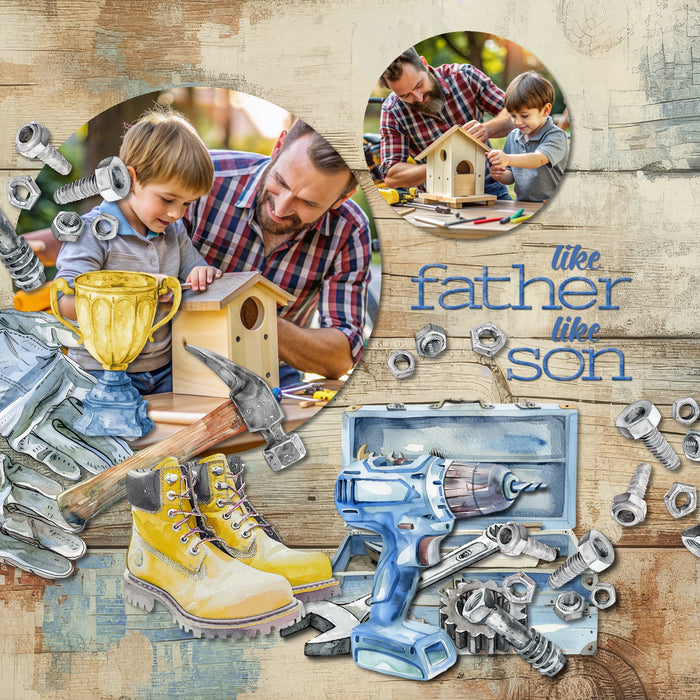 Add a touch of warmth to your Father's Day digital scrapbooking pages with these fun watercolor embellishments, distressed wood papers, clusters, and alpha set by Lucky Girl Creative digital art featuring gaming, sports, grilling, racing, and more! Embellishments include all terrain vehicle, ATV, quad, dog, Aussie, Doberman, Golden Retriever, clothing, clothes, belt, sport coat, jacket, bow tie, baseball cap, denim blue jeans, flannel plaid shirt, shoes, sorts, sneakers, work boots, laptop, and more.