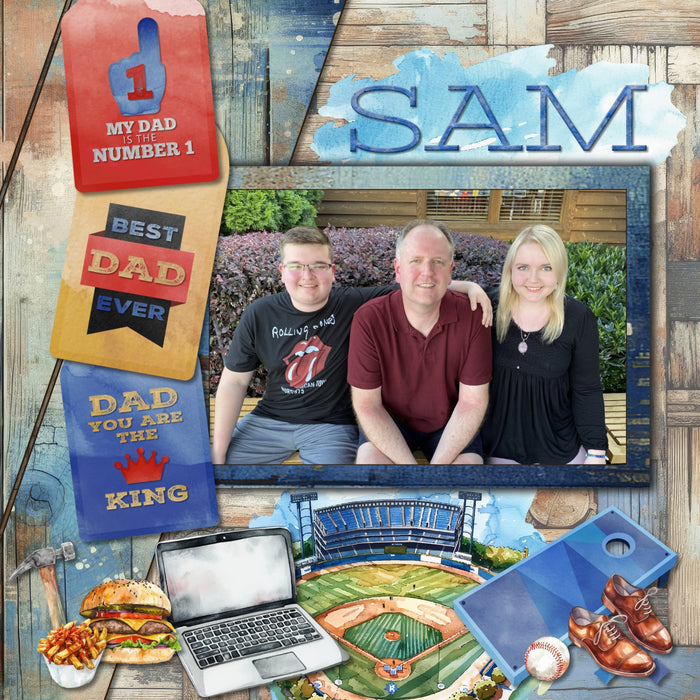 Add a touch of warmth to your Father's Day digital scrapbooking pages with these fun watercolor embellishments, distressed wood papers, clusters, and alpha set by Lucky Girl Creative digital art featuring gaming, sports, grilling, racing, and more! Embellishments include all terrain vehicle, ATV, quad, dog, Aussie, Doberman, Golden Retriever, clothing, clothes, belt, sport coat, jacket, bow tie, baseball cap, denim blue jeans, flannel plaid shirt, shoes, sorts, sneakers, work boots, laptop, and more.