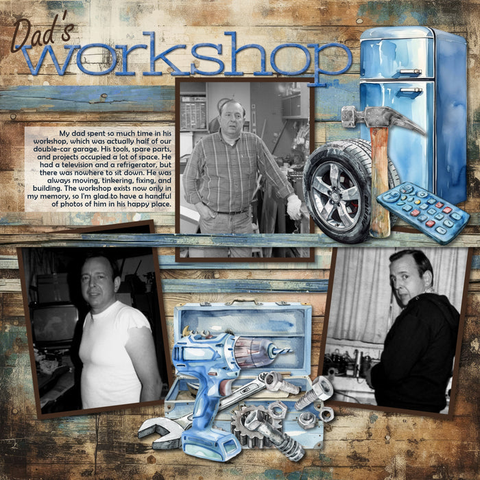Add a touch of warmth to your Father's Day digital scrapbooking pages with these fun watercolor embellishments, distressed wood papers, clusters, and alpha set by Lucky Girl Creative digital art featuring gaming, sports, grilling, racing, and more! Embellishments include all terrain vehicle, ATV, quad, dog, Aussie, Doberman, Golden Retriever, clothing, clothes, belt, sport coat, jacket, bow tie, baseball cap, denim blue jeans, flannel plaid shirt, shoes, sorts, sneakers, work boots, laptop, and more.