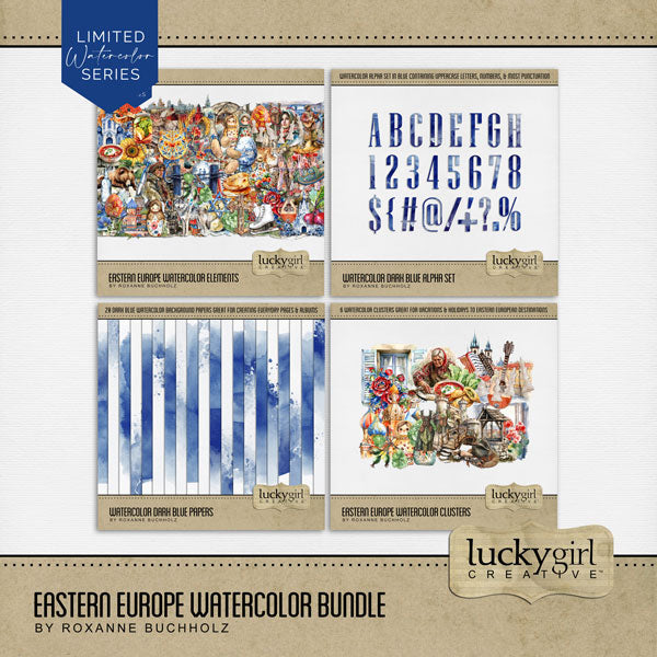 Add these beautiful watercolor embellishments, papers, clusters, and alpha set by Lucky Girl Creative digital art to all your digital scrapbooking pages to easily create memorable Eastern European pages and albums! Great for vacations and holidays to Europe including Poland, Hungary, Czechia, Moldova, Bulgaria, Romania, Slovakia, Ukraine, Russia, Estonia, Belarus, Latvia, Lithuania, Albania, Slovenia, Croatia, Serbia, Bosnia and Herzegovina, Montenegro, North Macedonia, Georgia, Armenia, Kosovo, and more.
